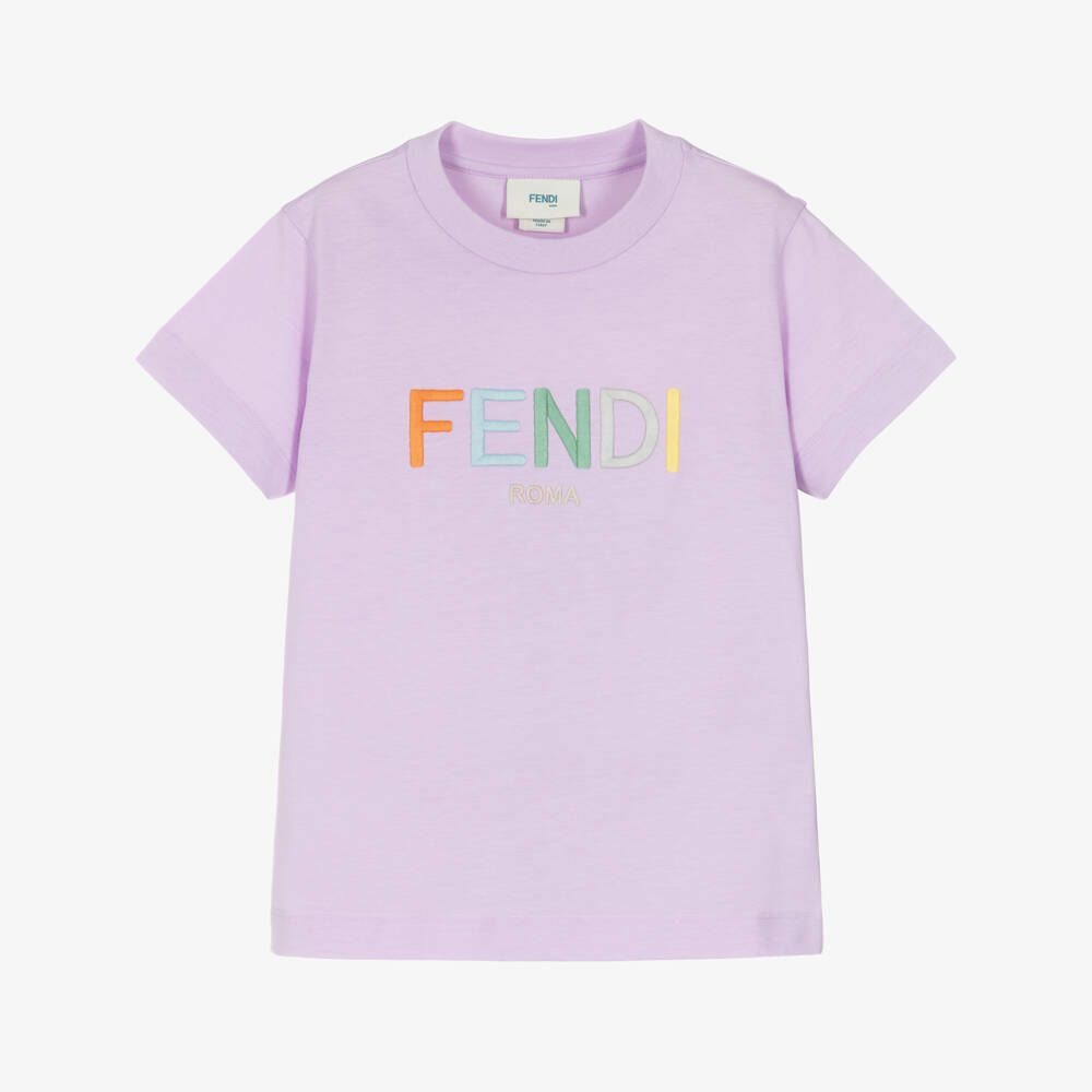 Fendi-Girls Lilac Purple Cotton T-Shirt with Colourful Logo  | Childrensalon