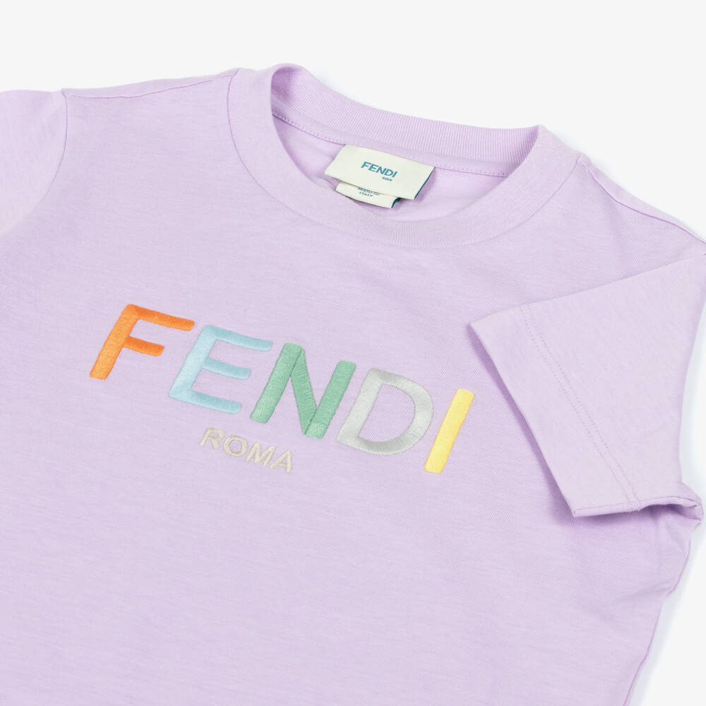 Fendi-Girls Lilac Purple Cotton T-Shirt with Colourful Logo | Childrensalon