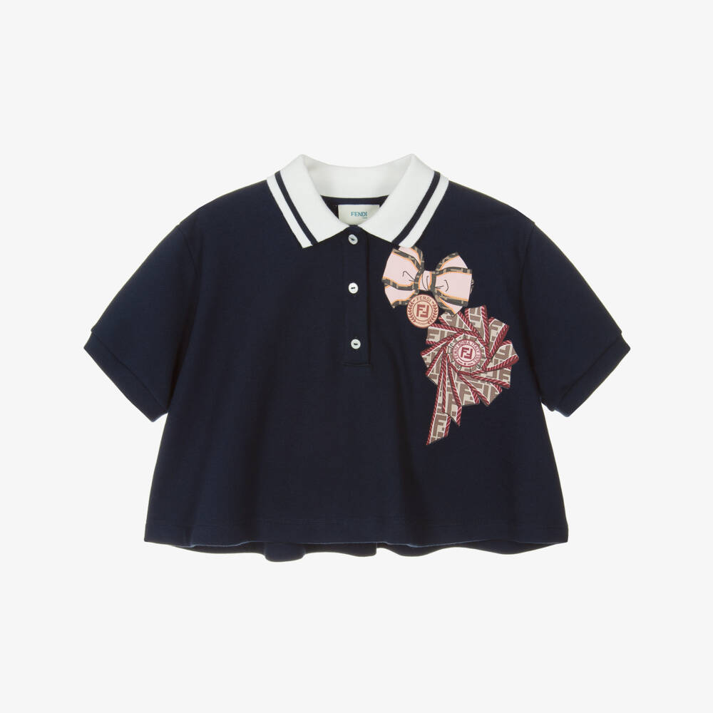 Fendi-Girls Navy Blue Cotton Jersey Logo Polo Shirt | Childrensalon