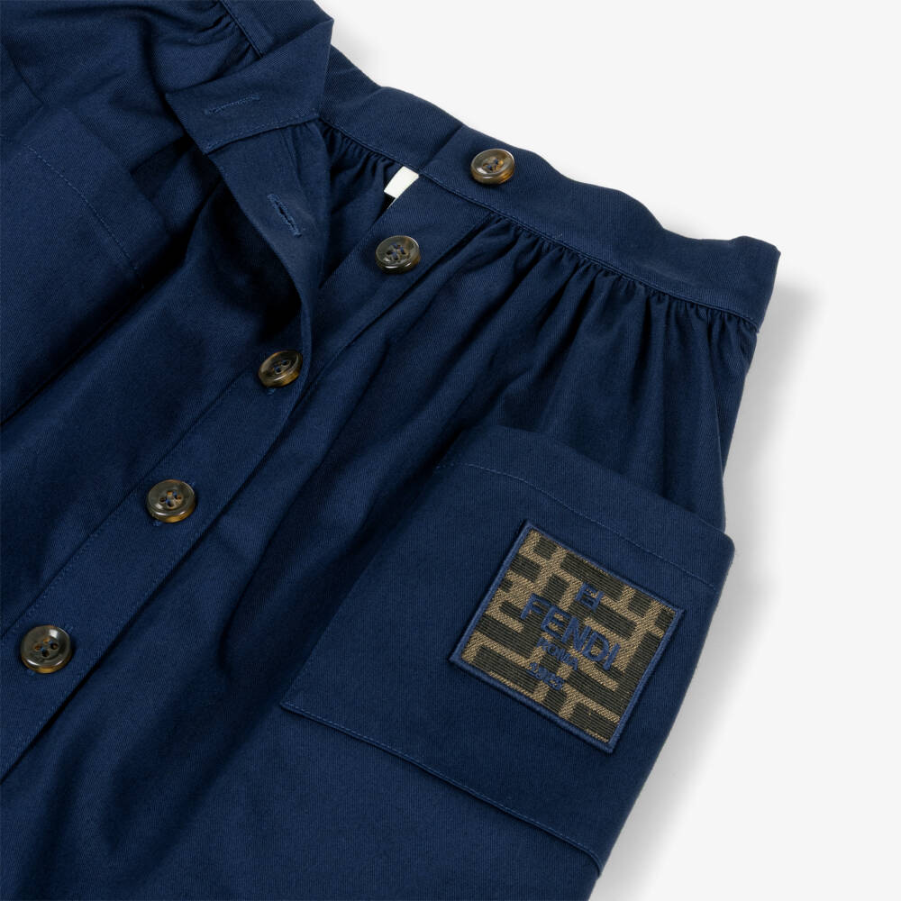 Fendi-Girls Navy Blue Cotton Twill Maxi Skirt with FF Trim | Childrensalon