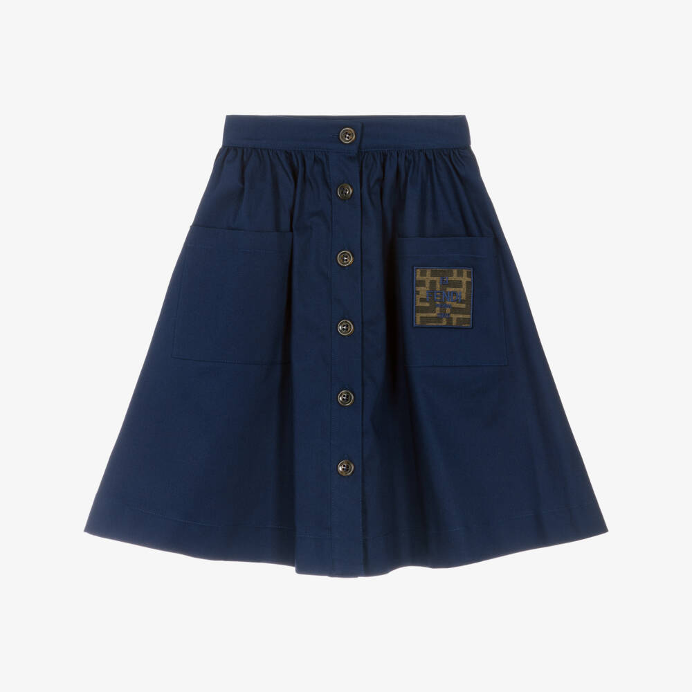 Fendi-Girls Navy Blue Cotton Twill Maxi Skirt with FF Trim | Childrensalon