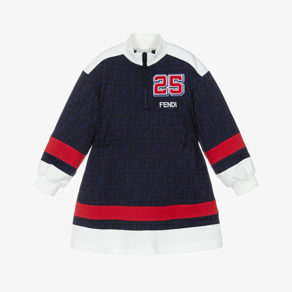 Fendi-Girls Navy Blue FF Logo Jersey Dress | Childrensalon
