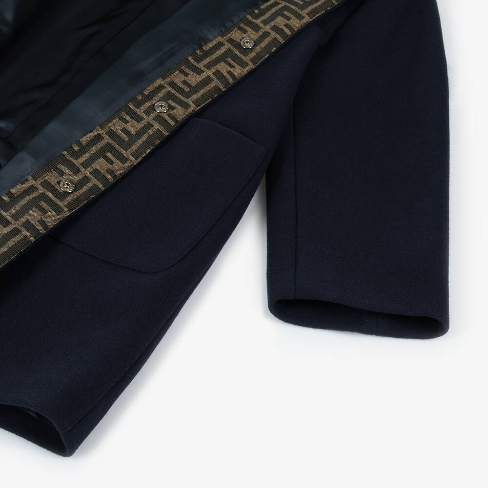 Fendi-Girls Navy Blue FF Logo Wool Coat | Childrensalon