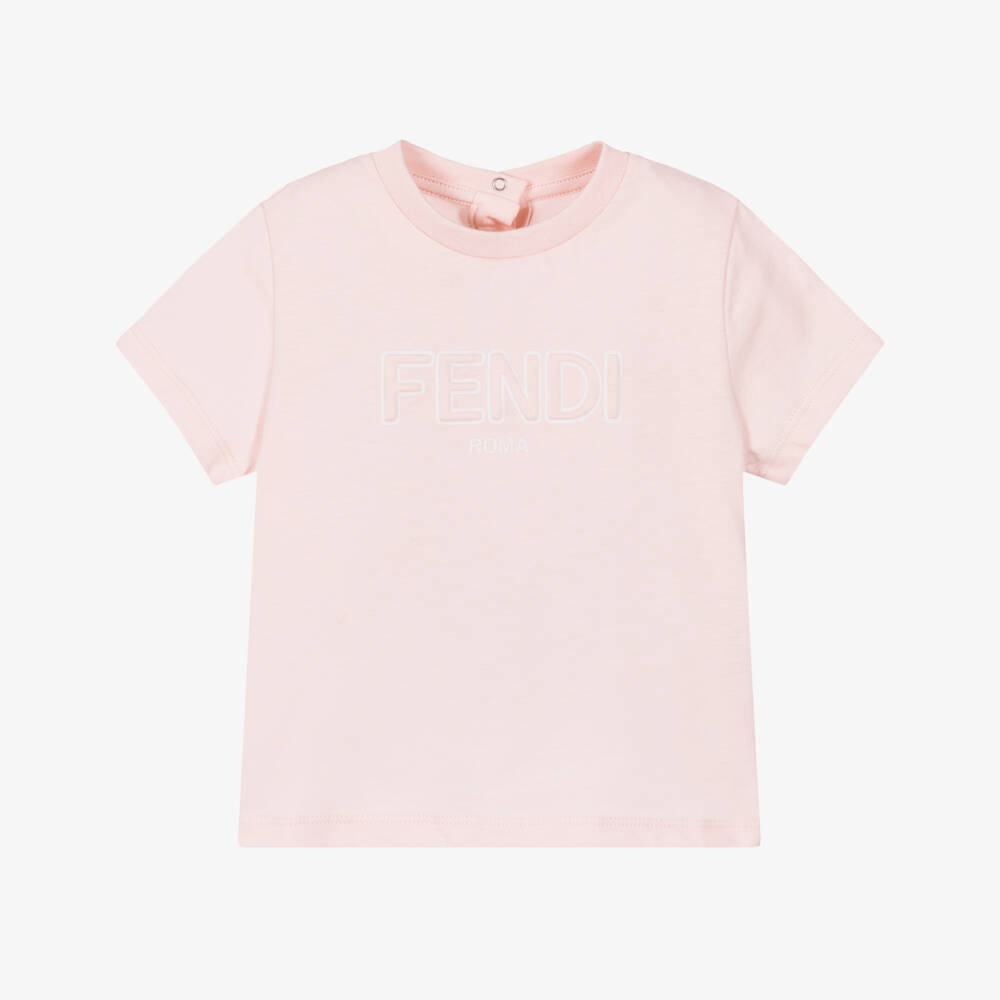 Fendi-Girls Pale Pink Cotton T-Shirt with Puffy Logo | Childrensalon