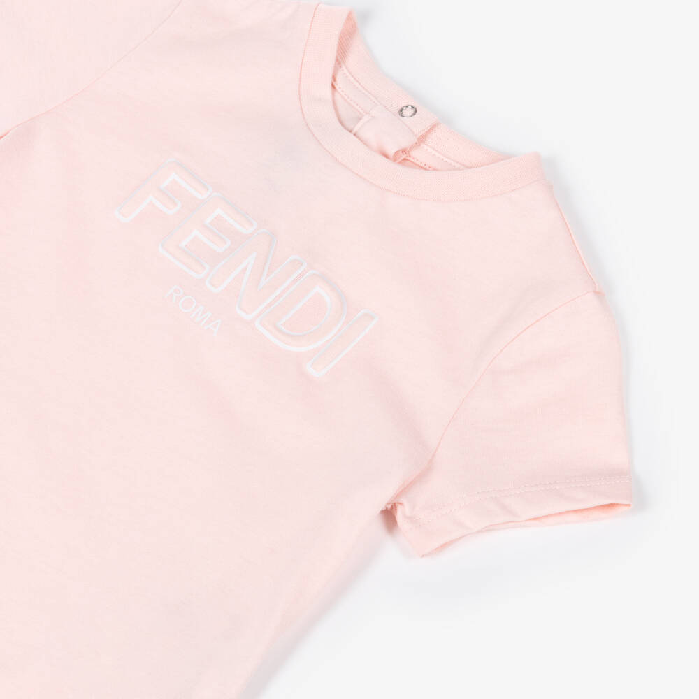 Fendi-Girls Pale Pink Cotton T-Shirt with Puffy Logo | Childrensalon