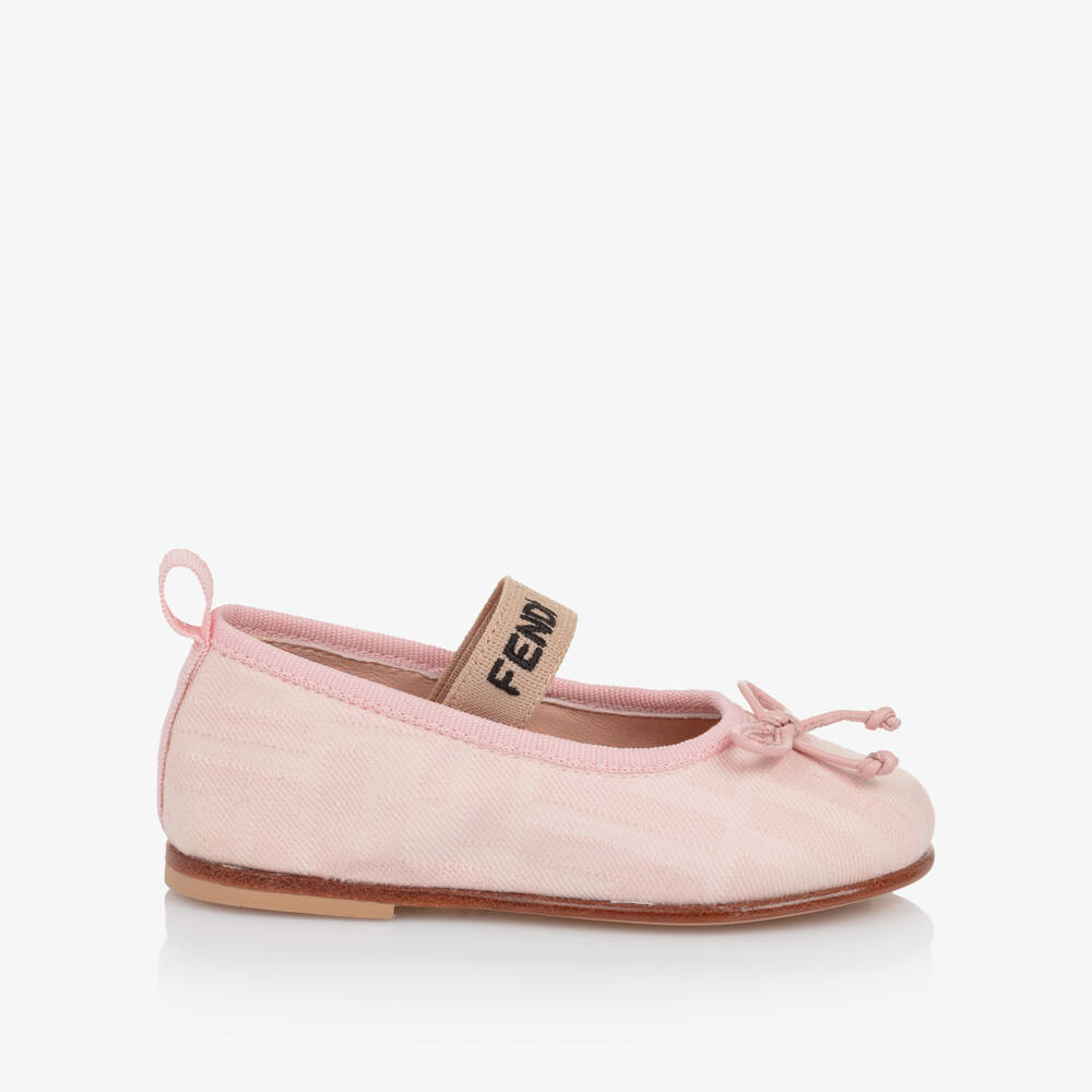 Fendi-Girls Pale Pink FF Logo Ballerina Pumps | Childrensalon