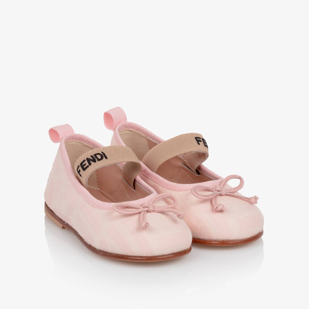 Fendi-Girls Pale Pink FF Logo Ballerina Pumps | Childrensalon