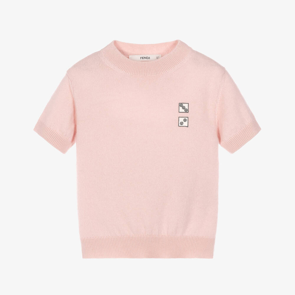 Fendi-Girls Peony Pink Cashmere Sweater with Dice Embroidery | Childrensalon