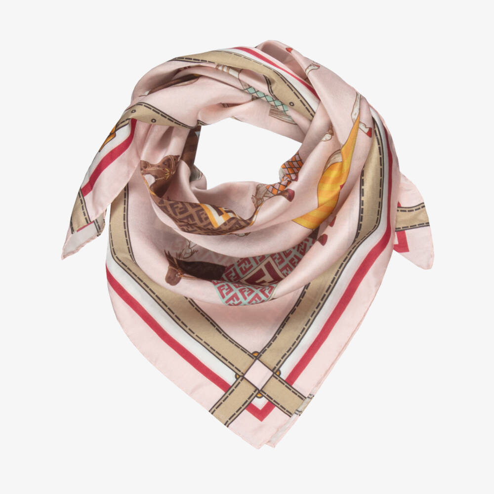 Fendi-Girls Pink & Beige Horse Print Scarf (60cm) | Childrensalon