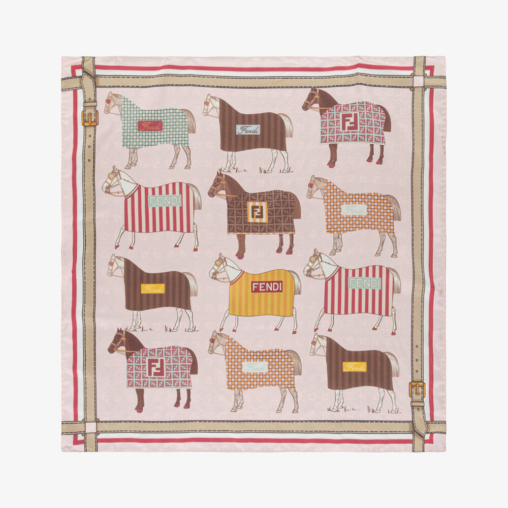 Fendi-Girls Pink & Beige Horse Print Scarf (60cm) | Childrensalon