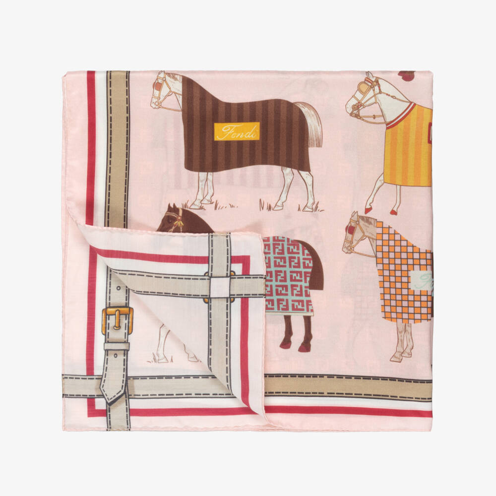 Fendi-Girls Pink & Beige Horse Print Scarf (60cm) | Childrensalon