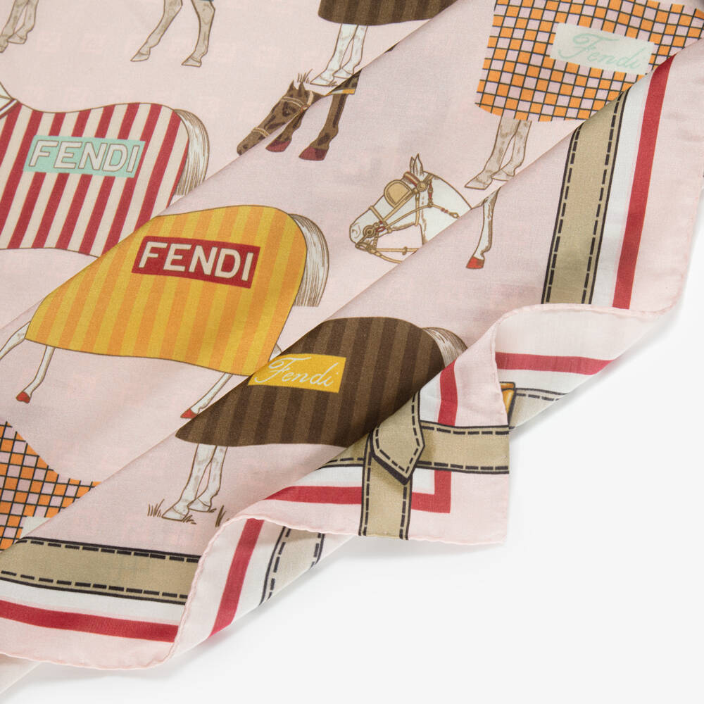 Fendi-Girls Pink & Beige Horse Print Scarf (60cm) | Childrensalon