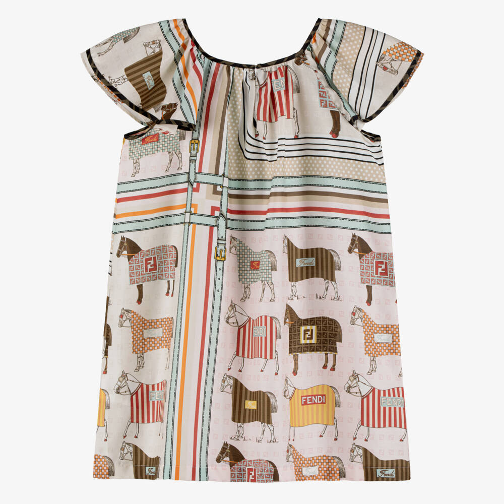 Fendi-Платье розово-бежевое из сатина с принтом лошадей для девочек | Childrensalon