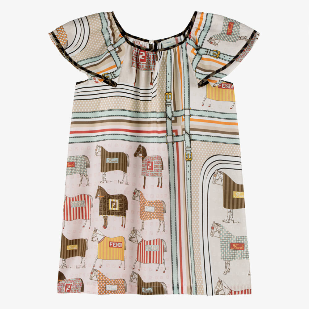 Fendi-Платье розово-бежевое из сатина с принтом лошадей для девочек | Childrensalon