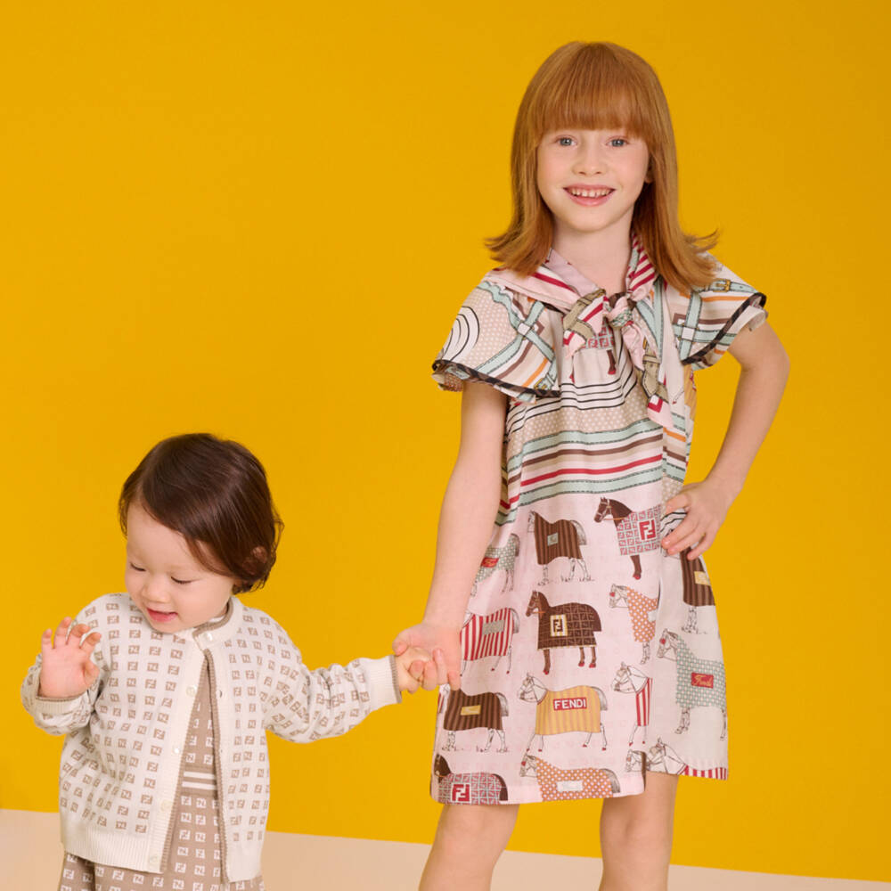 Fendi-Платье розово-бежевое из сатина с принтом лошадей для девочек | Childrensalon