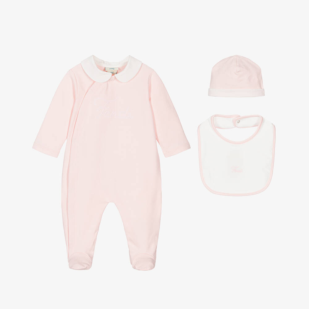 Fendi-Girls Pink Cotton Babygrow Gift Set | Childrensalon