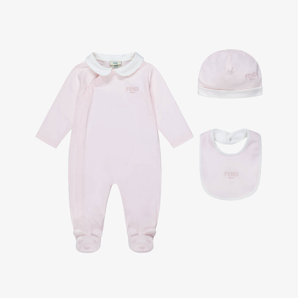 Fendi-Girls Pink Cotton Babysuit Gift Set with Logo Embroidery | Childrensalon