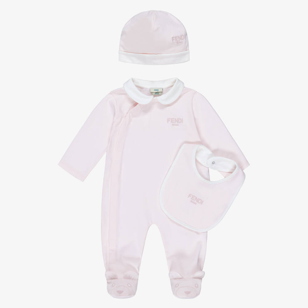 Fendi-Girls Pink Cotton Babysuit Gift Set with Logo Embroidery | Childrensalon