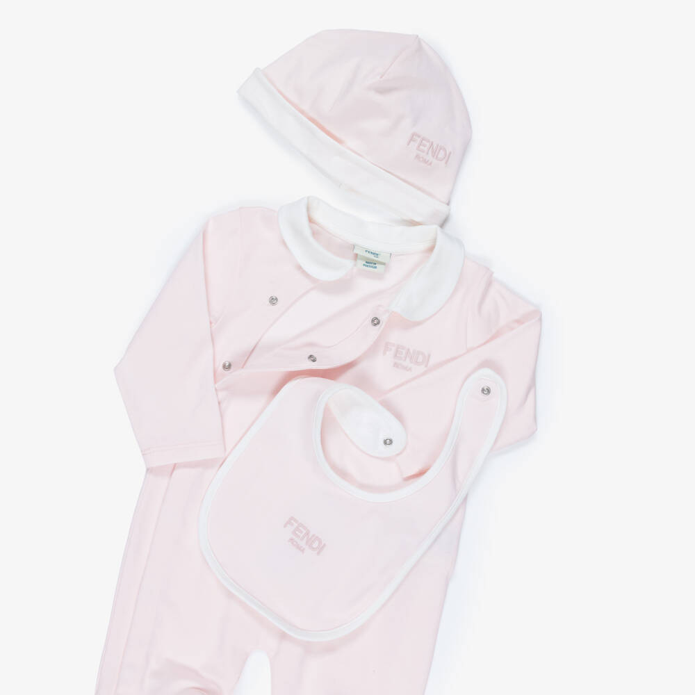 Fendi-Girls Pink Cotton Babysuit Gift Set with Logo Embroidery | Childrensalon