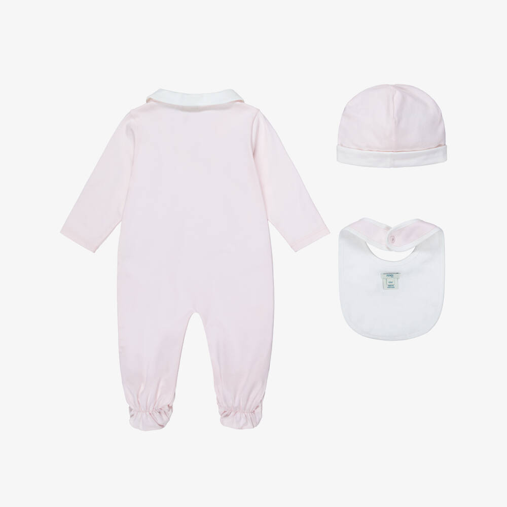 Fendi-Girls Pink Cotton Babysuit Gift Set with Logo Embroidery | Childrensalon