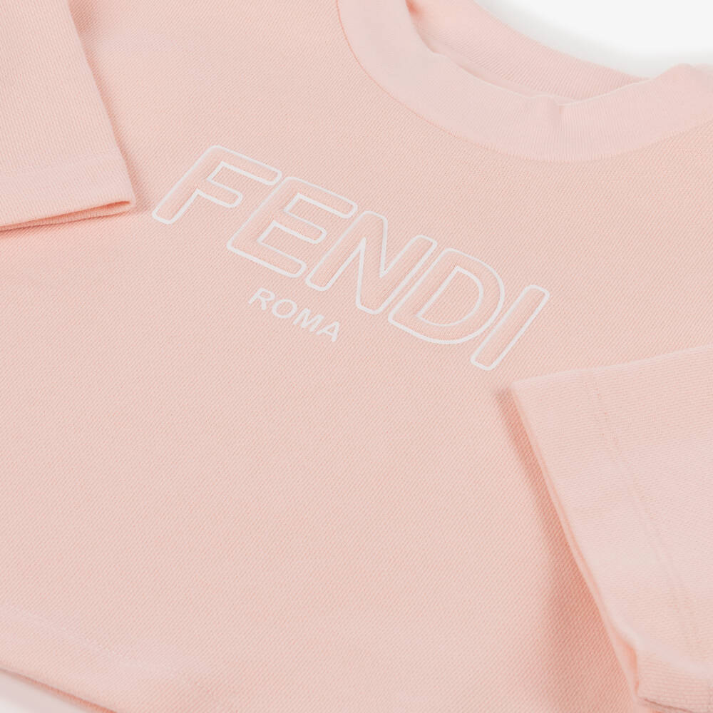 Fendi-تيشيرت بنات قطن بقصة مربعة وشعارمبطن لون زهري | Childrensalon