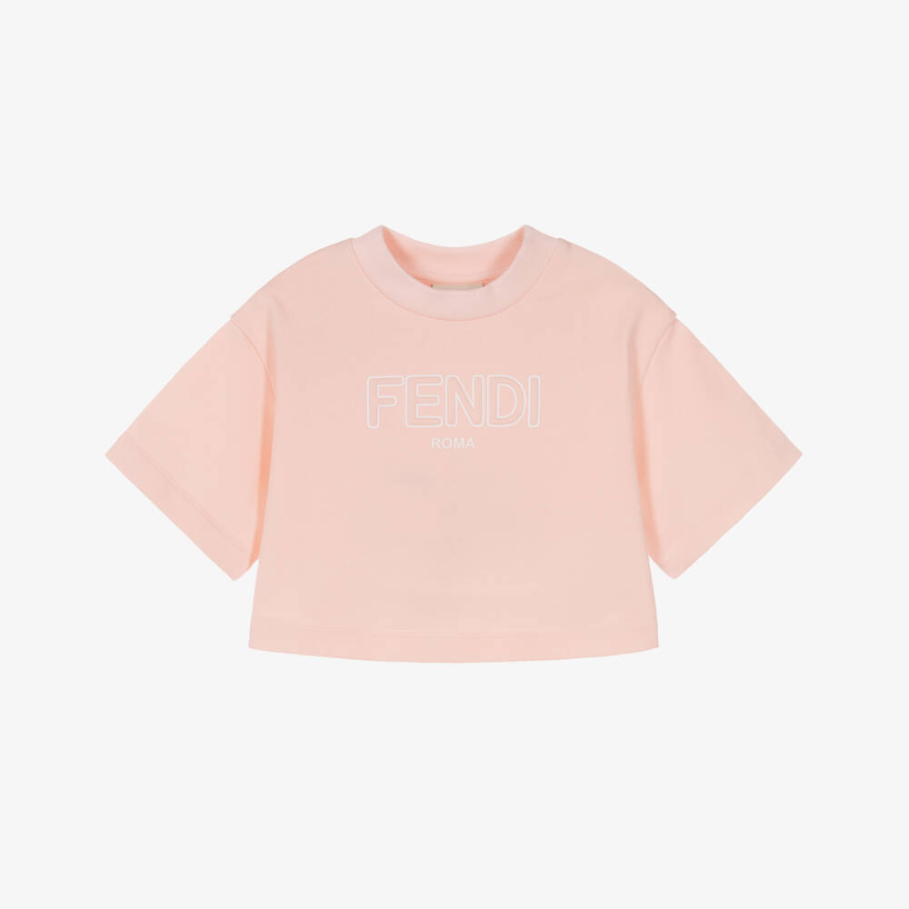 Fendi-تيشيرت بنات قطن بقصة مربعة وشعارمبطن لون زهري | Childrensalon