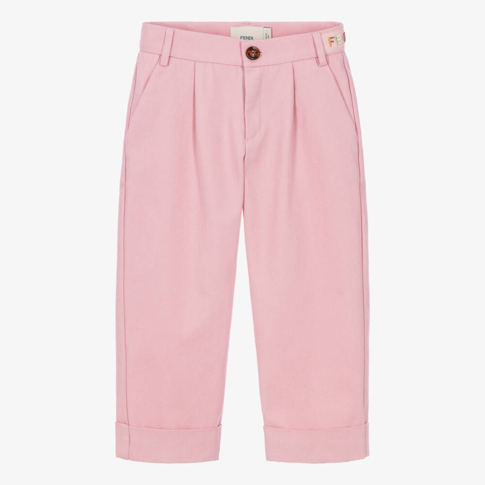 Fendi-Girls Pink Cotton Canvas Trousers | Childrensalon