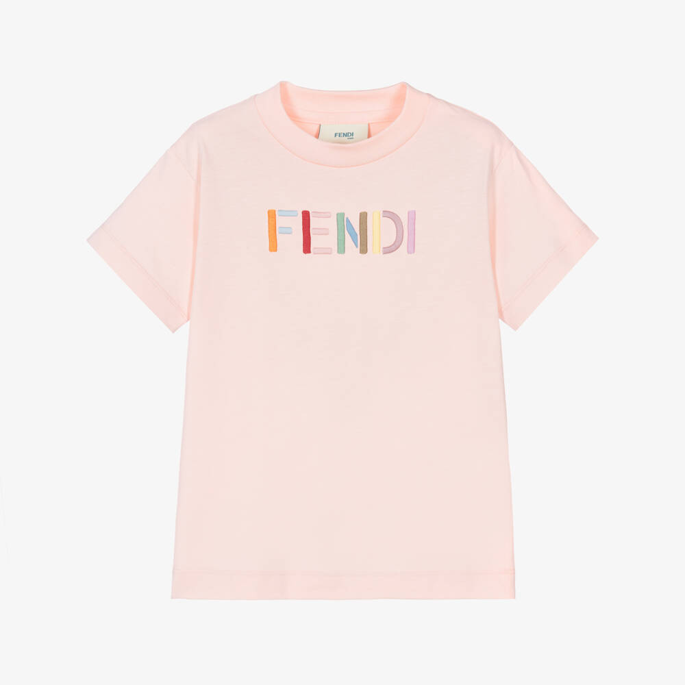 Fendi-Girls Pink Cotton Crew Neck T-Shirt with Colourful Logo | Childrensalon