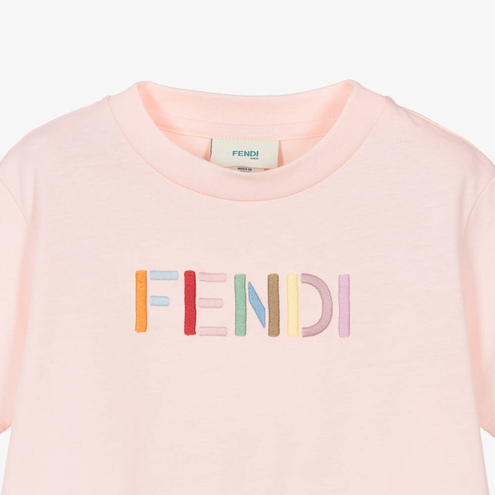 Fendi-Girls Pink Cotton Crew Neck T-Shirt with Colourful Logo | Childrensalon
