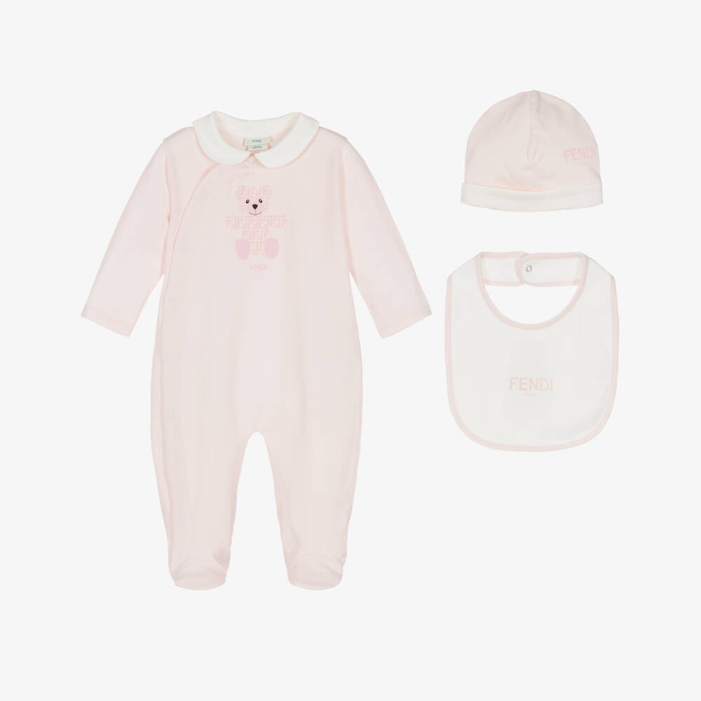 Fendi-طقم أفارول بطبعة دب فندي قطن لون زهري للبنات الرضع | Childrensalon