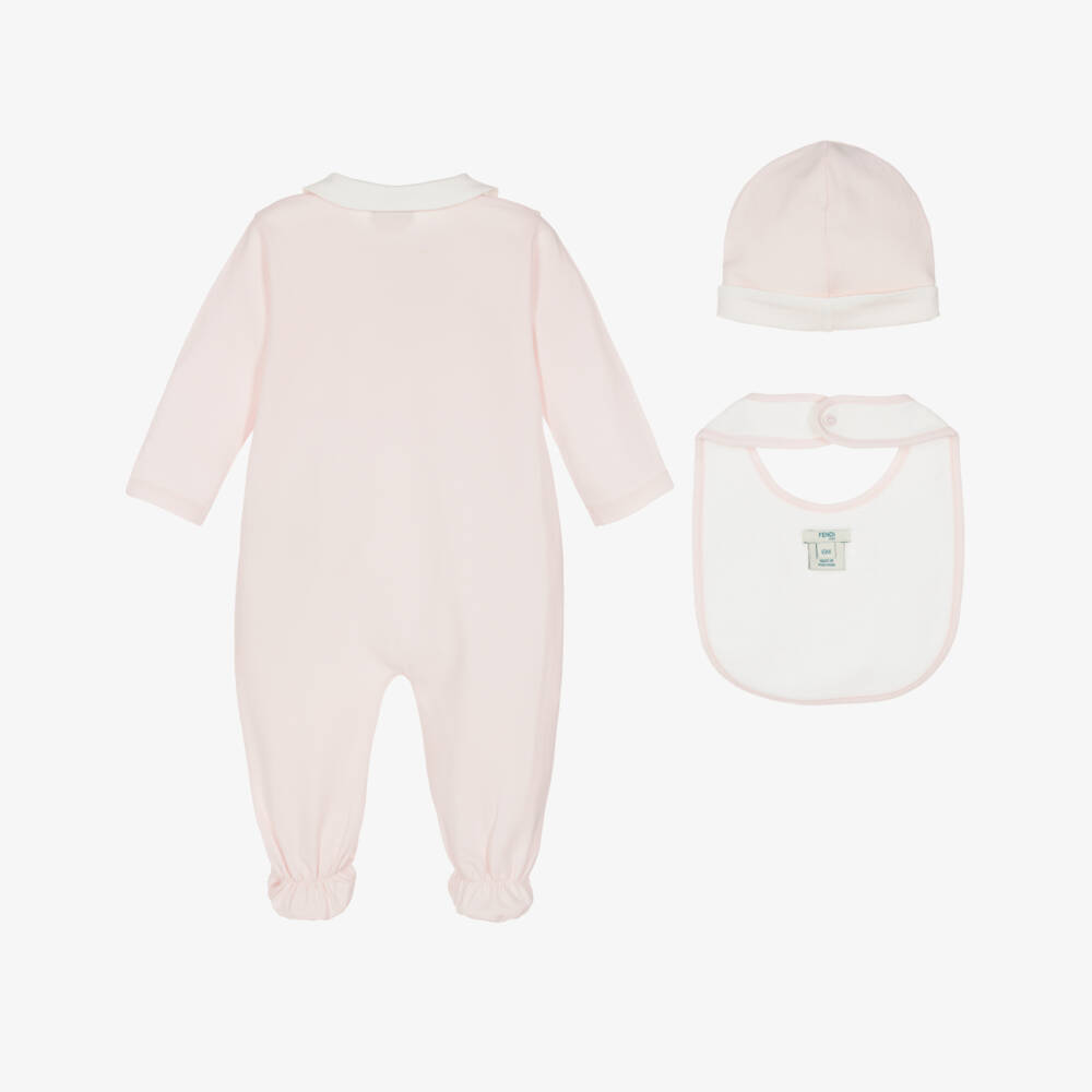 Fendi-Girls Pink Cotton FF Logo Bear Babygrow Set | Childrensalon