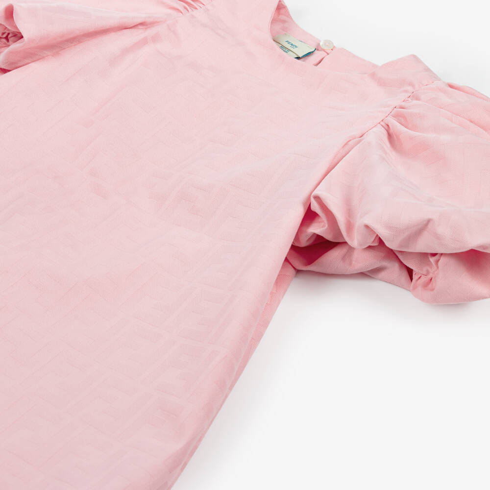Fendi-Girls Pink Cotton Jacquard FF Logo Dress | Childrensalon