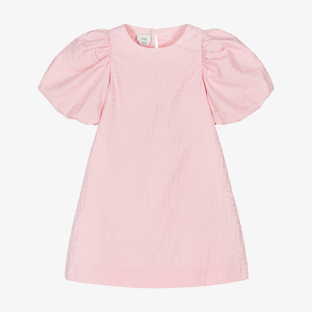 Fendi-Girls Pink Cotton Jacquard FF Logo Dress | Childrensalon