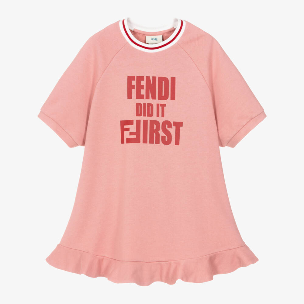 Fendi-Girls Pink Cotton Jersey Sweatshirt Dress with Ruffle Hem | Childrensalon