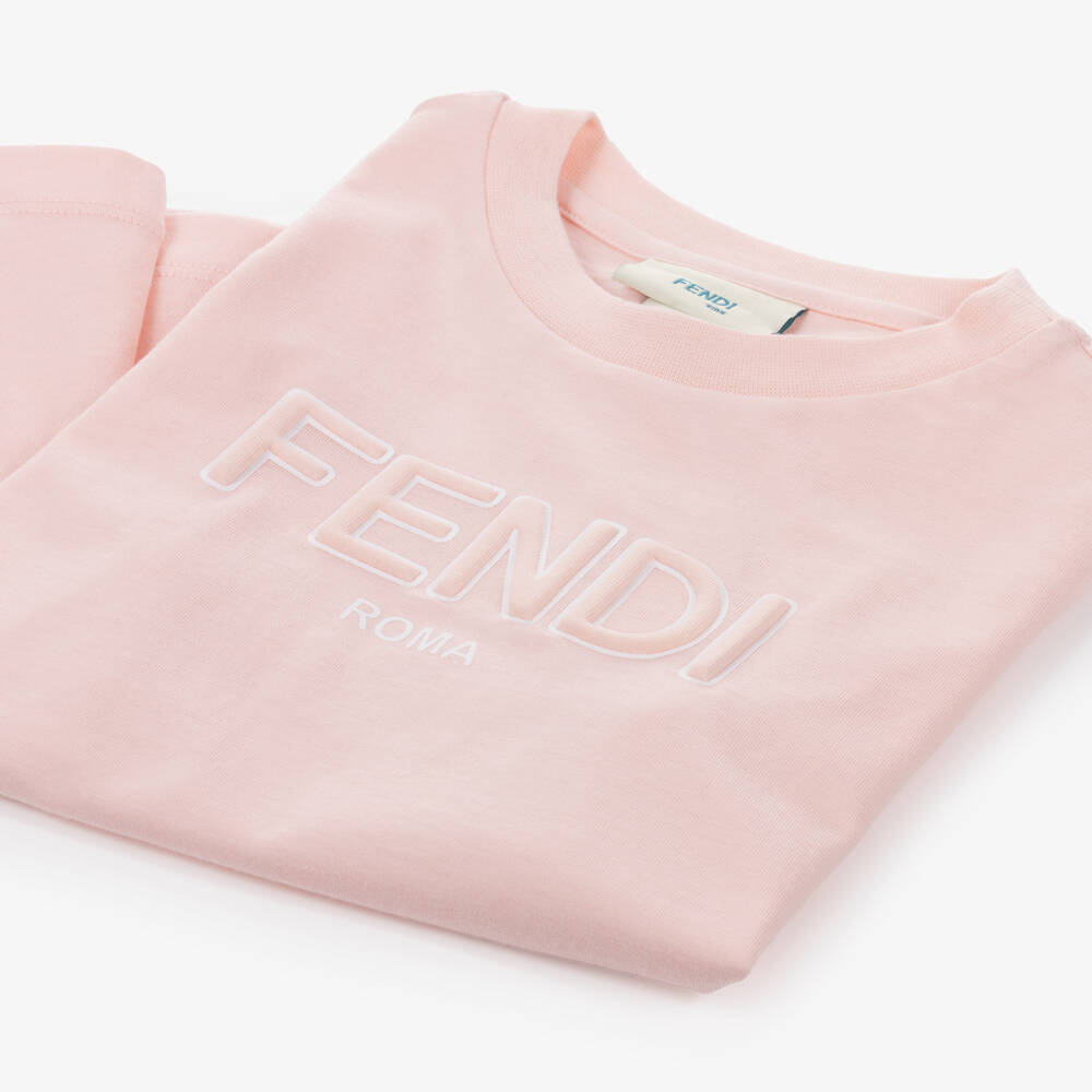 Fendi-تيشيرت بشعار مبطن قطن لون زهري للبنات | Childrensalon