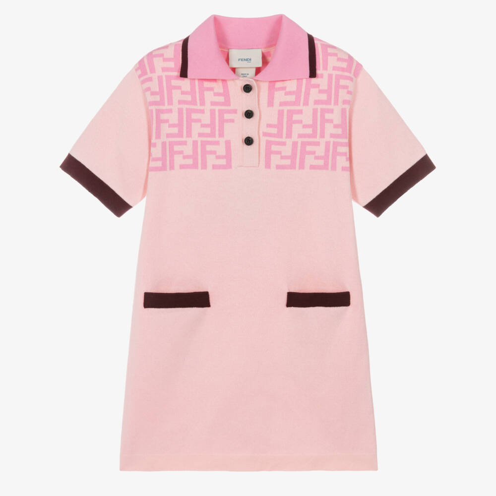 Fendi-Girls Pink Knitted Jersey Polo Dress with FF Logo Pattern | Childrensalon
