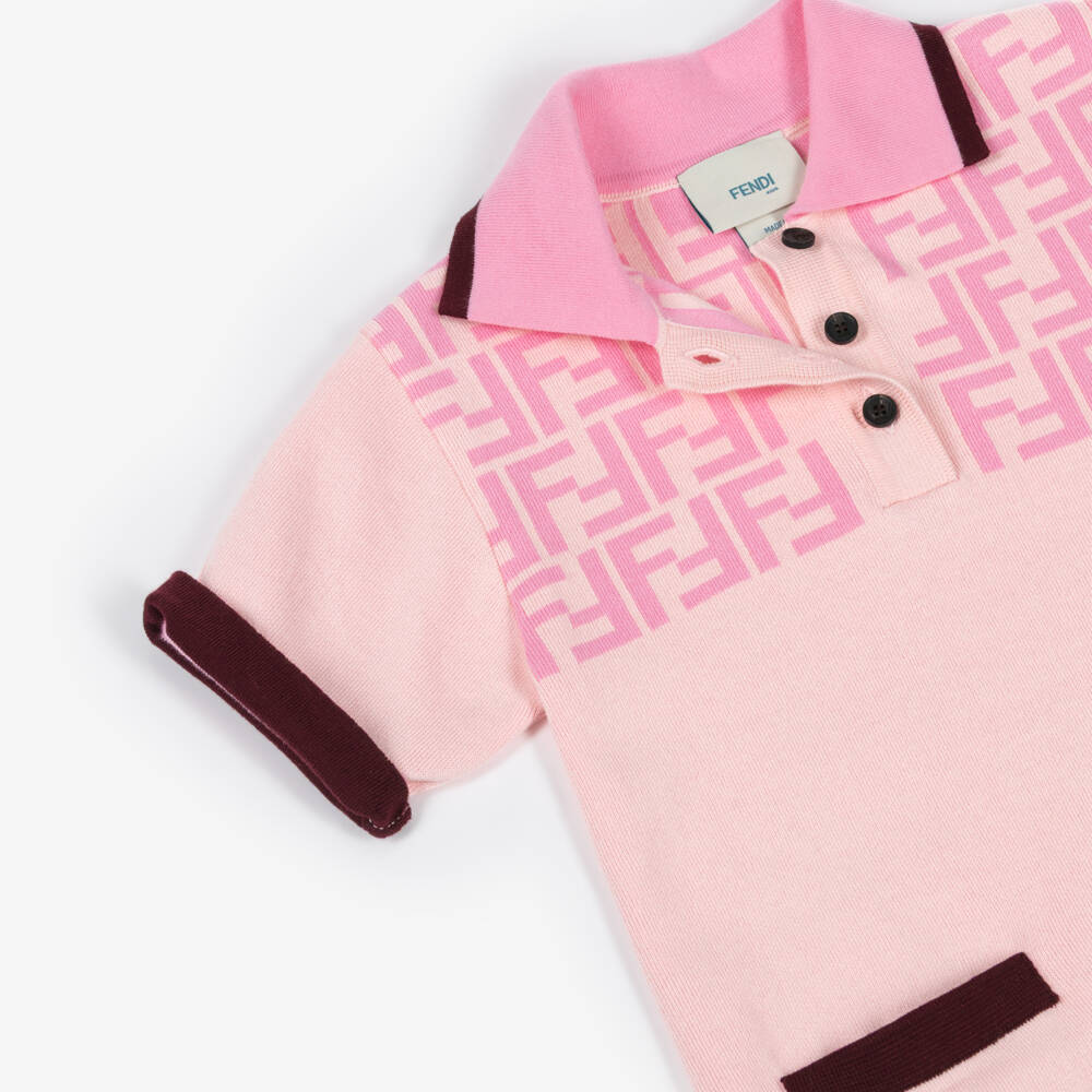 Fendi-Girls Pink Knitted Jersey Polo Dress with FF Logo Pattern | Childrensalon