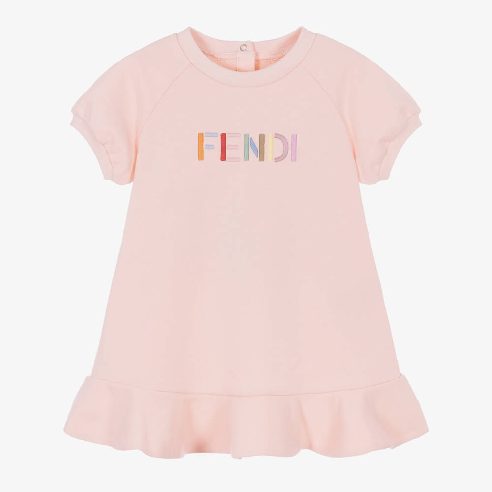 Fendi-Girls Pink Multicolour Logo Cotton Jersey Dress | Childrensalon