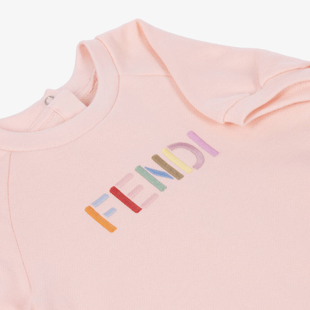 Fendi-Girls Pink Multicolour Logo Cotton Jersey Dress | Childrensalon