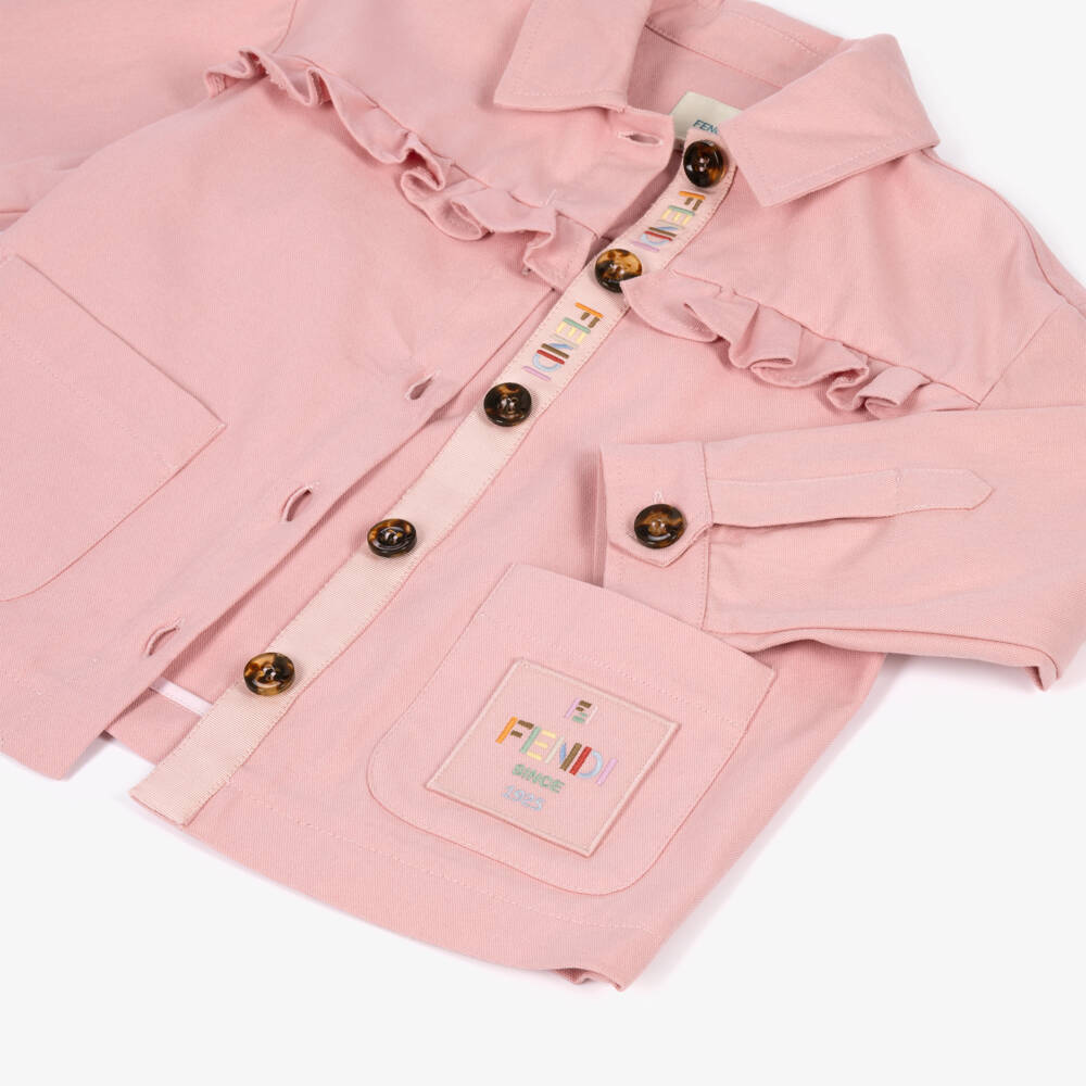 Fendi-Girls Pink Twill Jacket with Embroidered Logo | Childrensalon