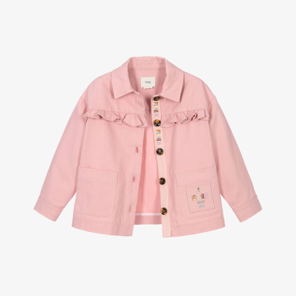 Fendi-Girls Pink Twill Jacket with Embroidered Logo | Childrensalon