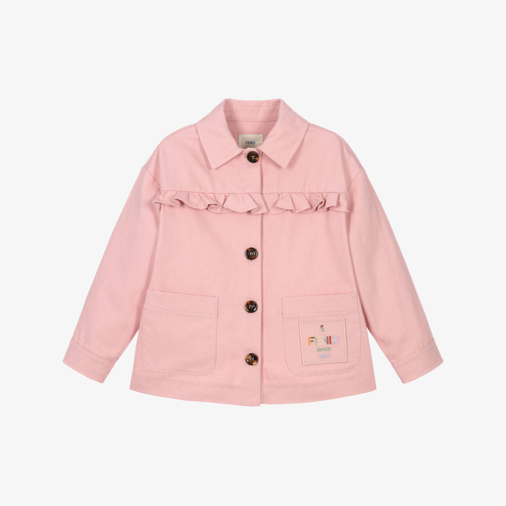 Fendi-Girls Pink Twill Jacket with Embroidered Logo | Childrensalon