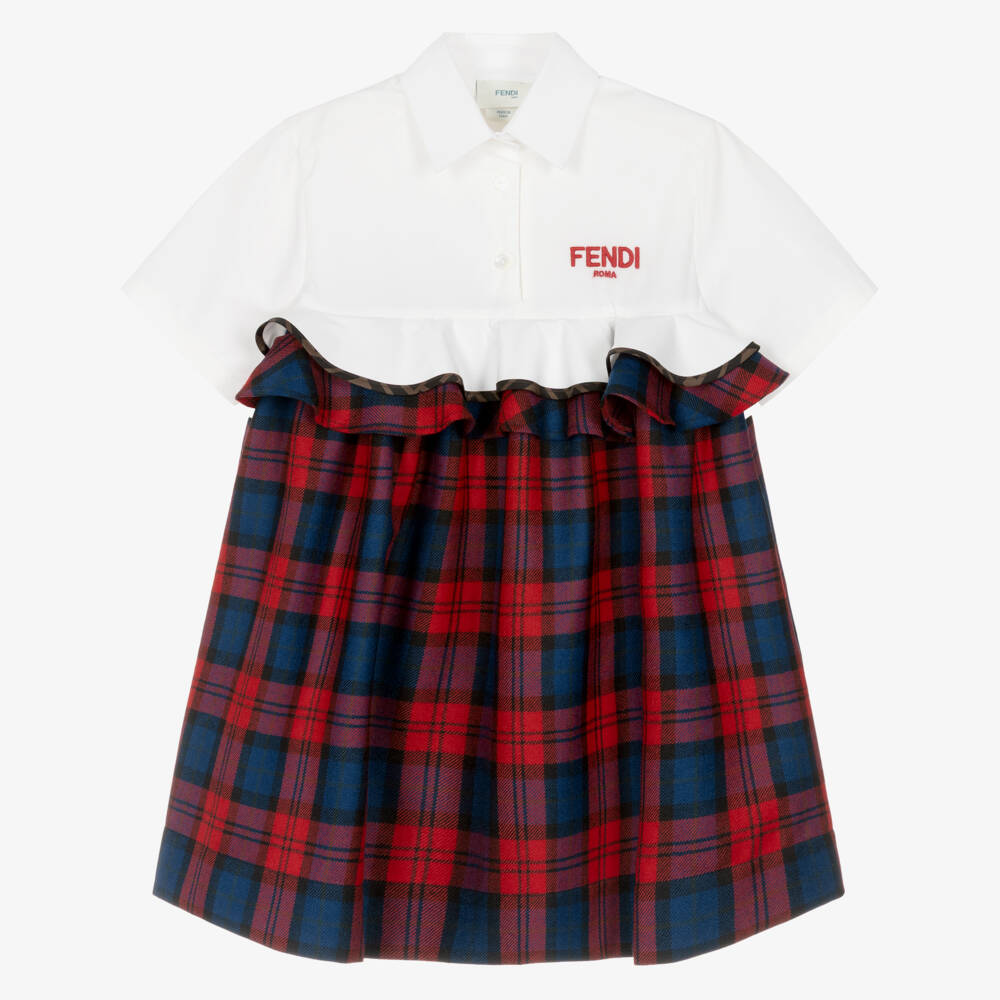 Fendi-فستان صوف تارتان لون أحمر وكحلي | Childrensalon