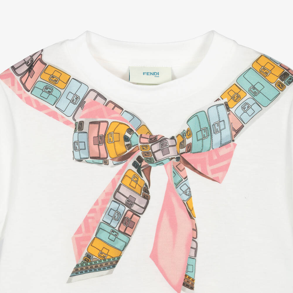 Fendi-Футболка белая из хлопка с принтом банта для девочек | Childrensalon