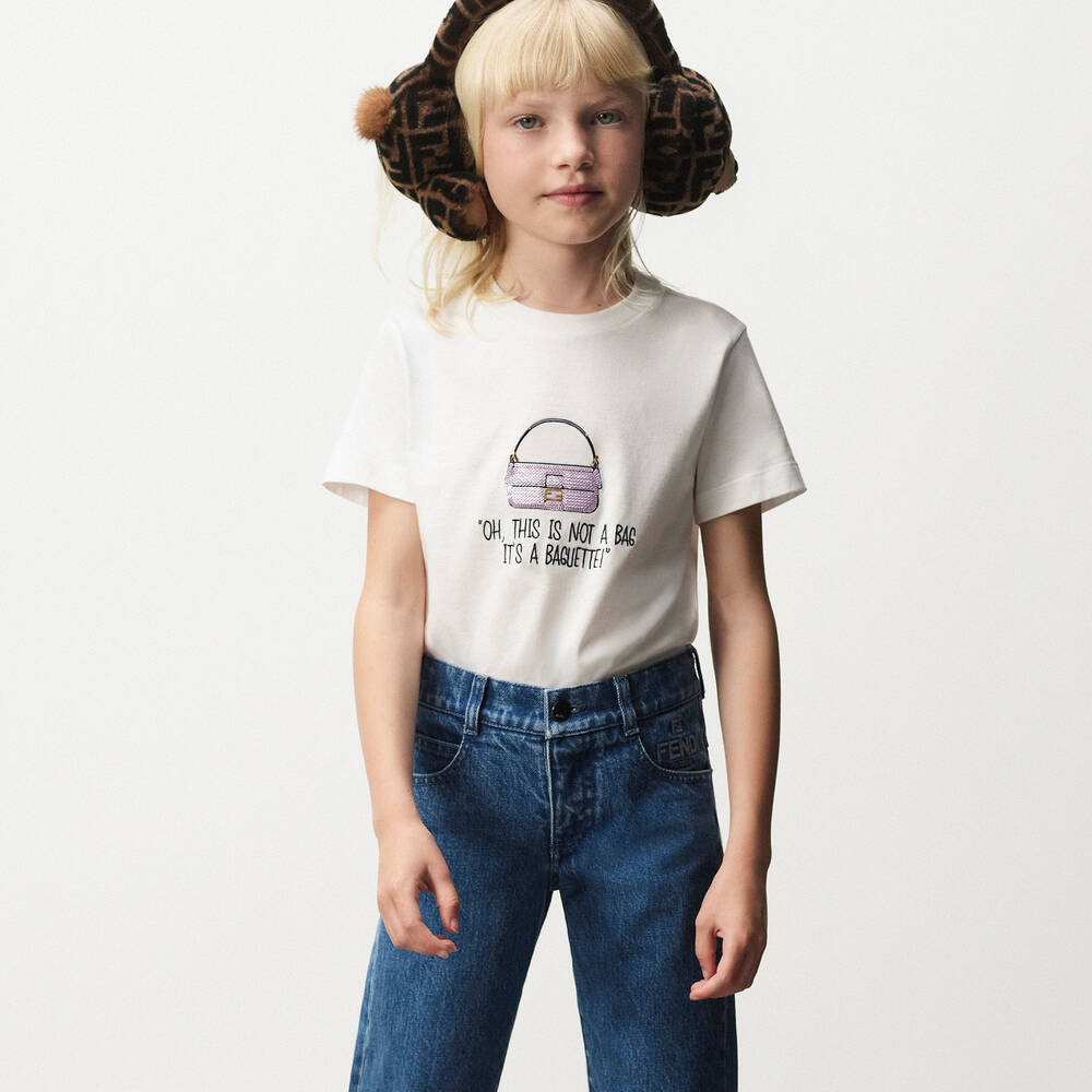Fendi-Girls White Cotton Baguette Bag T-Shirt | Childrensalon