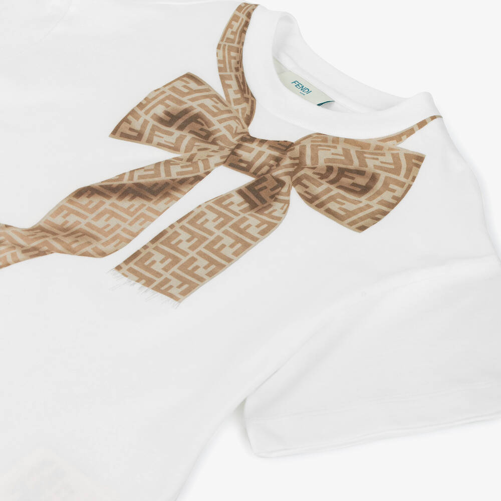 Fendi-تيشيرت بفيونكة قطن لون أبيض | Childrensalon