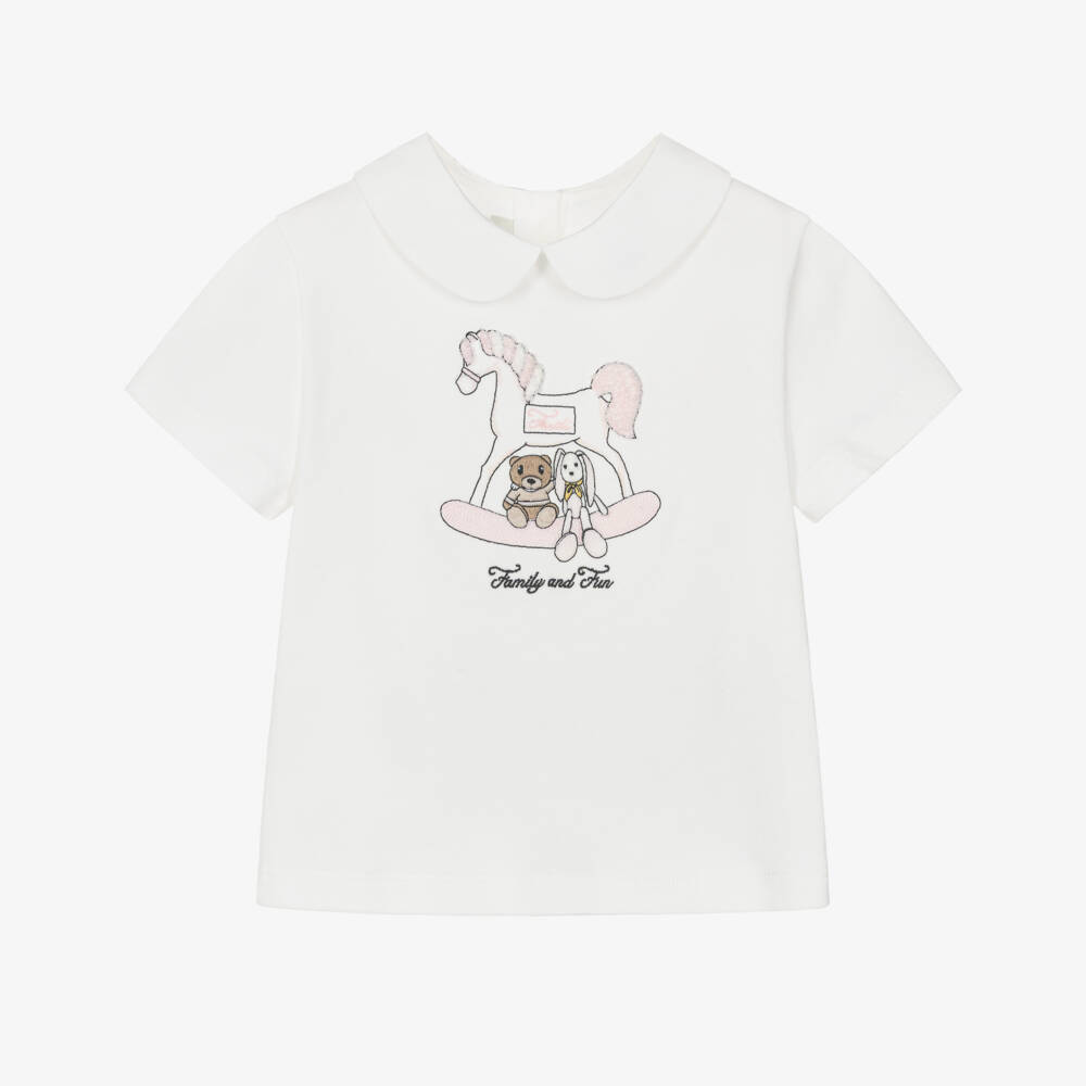 Fendi-Girls White Cotton Collared T-Shirt with Embroidered Motif | Childrensalon