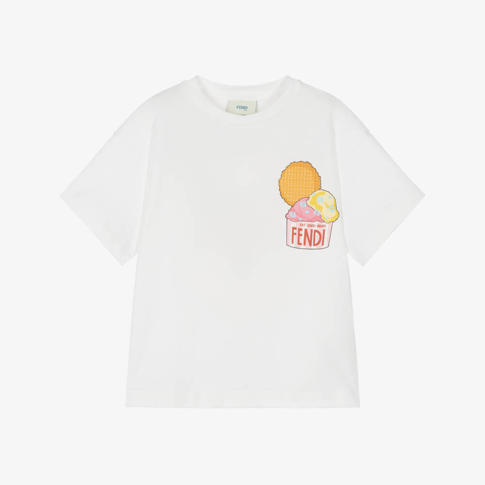 Fendi-Girls White Cotton Fendilicious Print T-Shirt | Childrensalon