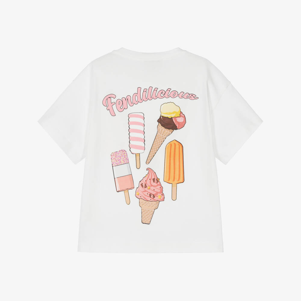 Fendi-Girls White Cotton Fendilicious Print T-Shirt | Childrensalon