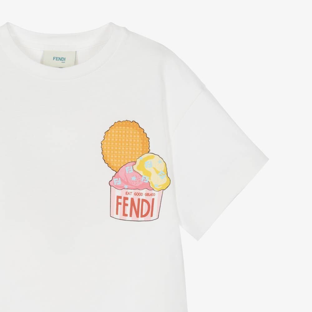 Fendi-Girls White Cotton Fendilicious Print T-Shirt | Childrensalon
